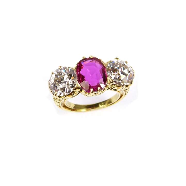 Antique ruby and diamond three stone ring